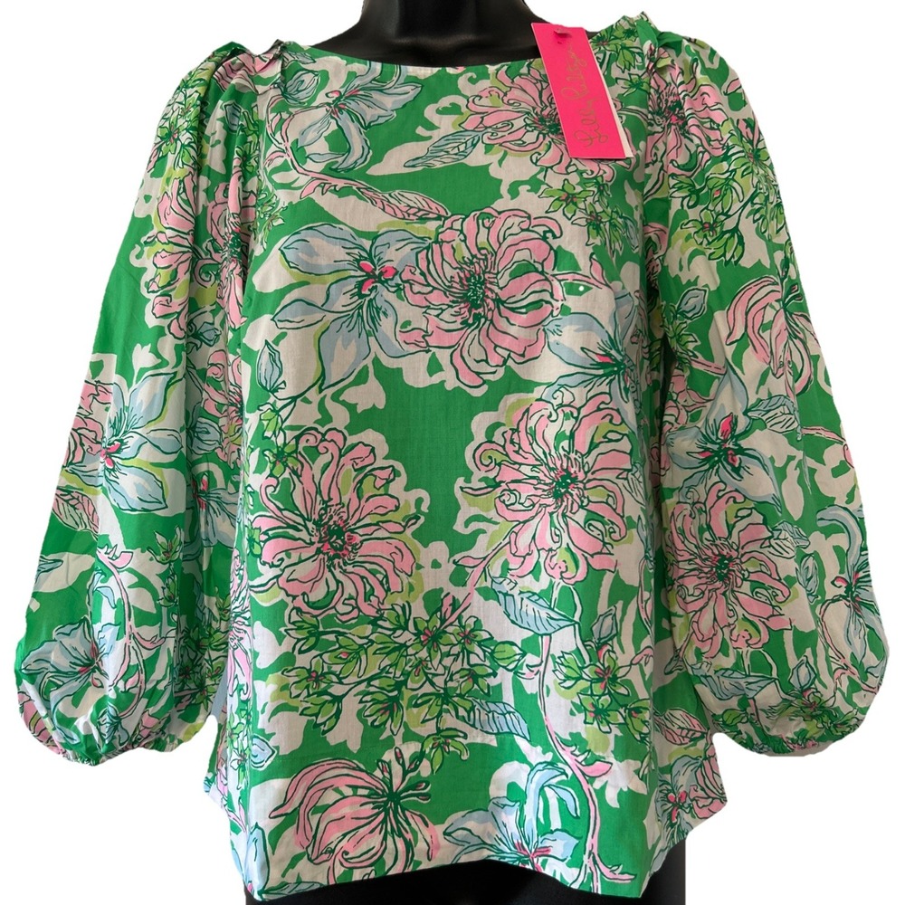 Lilly Pulitzer Barbara Top in Spearmint Blossom Puff Sleeve Size 00 NWT